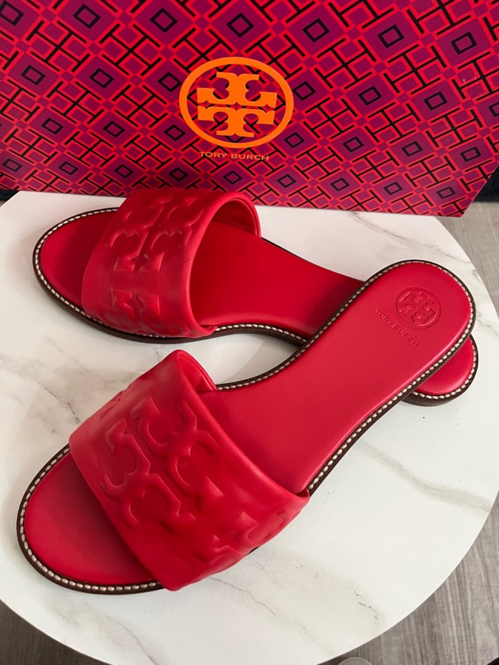 Tory Burch Embossed Leather Slide Sandals
